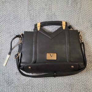 V1969 Italia Black Satchel Handbag Gold Hardware Faux Leather Tote Bag
